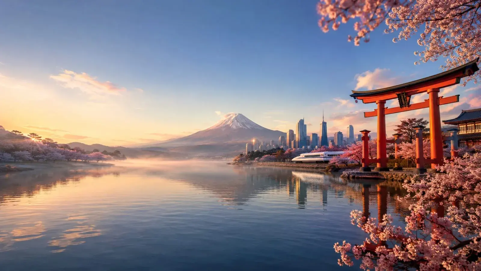 Mount Fuji at sunset with a red torii gate and cherry blossoms beside a reflecting lake, Tokyo skyline in the distance.